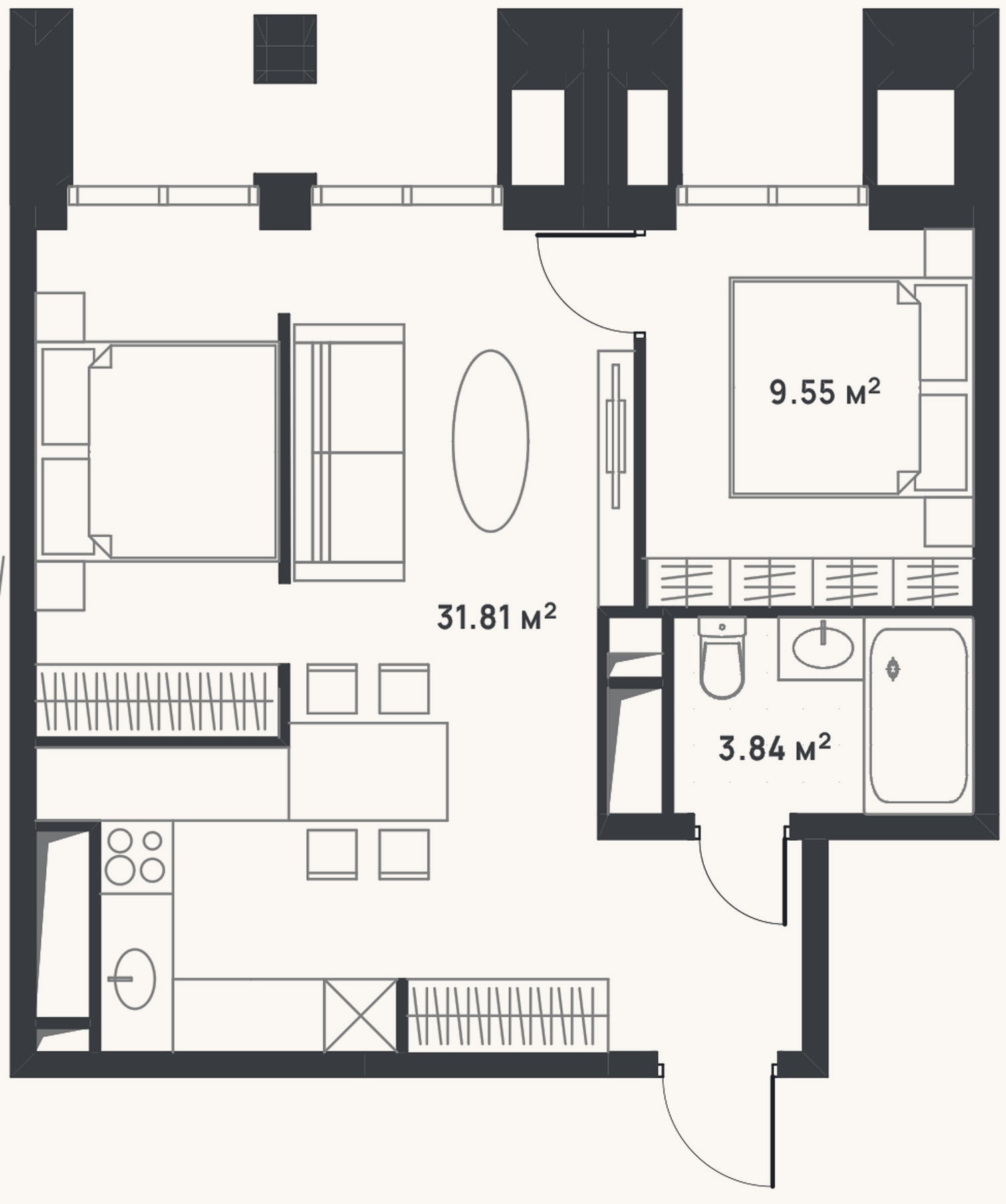 Планировка: 2-к, 45,2 м²