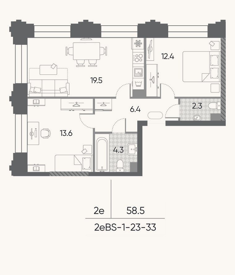 Планировка: 3-к, 58,5 м²