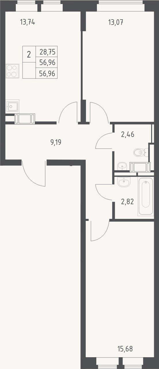 Планировка: 2-к, 57 м²