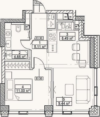 Планировка: 2-к, 38,7 м²