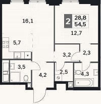 Планировка: 2-к, 54,5 м²