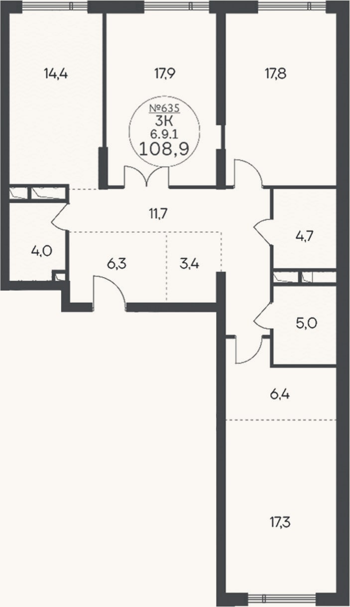 Планировка: 3-к, 108,9 м²