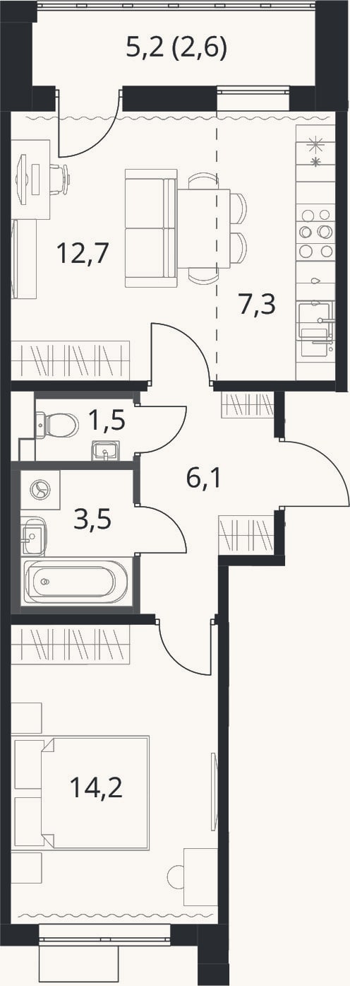 Планировка: 2-к, 45,3 м²