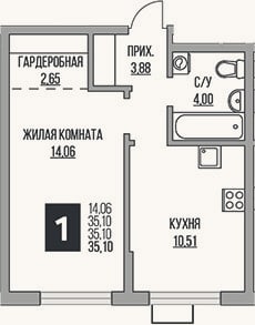 Планировка: 1-к, 35,1 м²