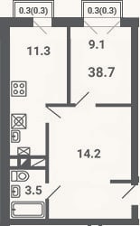 Планировка: 1-к, 38,1 м²