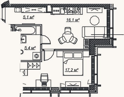 Планировка: 2-к, 43,8 м²