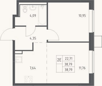 Планировка: 2-к, 38,8 м²