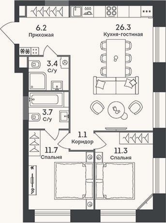 Планировка: 3-к, 63,7 м²