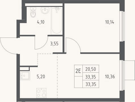 Планировка: 2-к, 33,4 м²