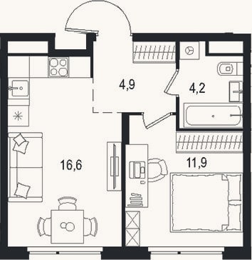 Планировка: 2-к, 37,6 м²