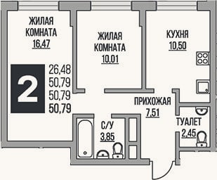 Планировка: 2-к, 50,8 м²