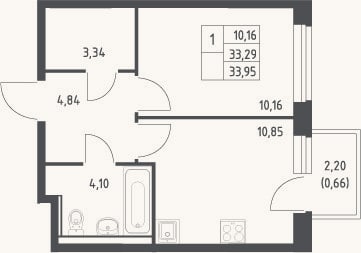 Планировка: 1-к, 33,3 м²