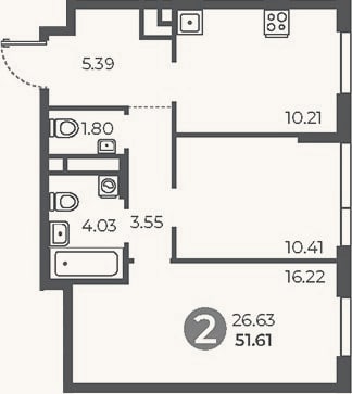 Планировка: 2-к, 51,6 м²