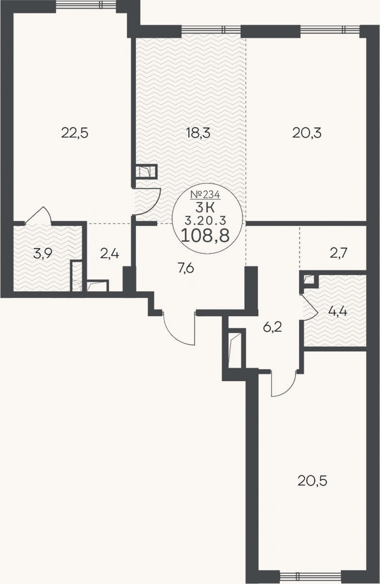 Планировка: 3-к, 108,8 м²