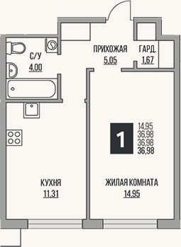 Планировка: 2-к, 37 м²