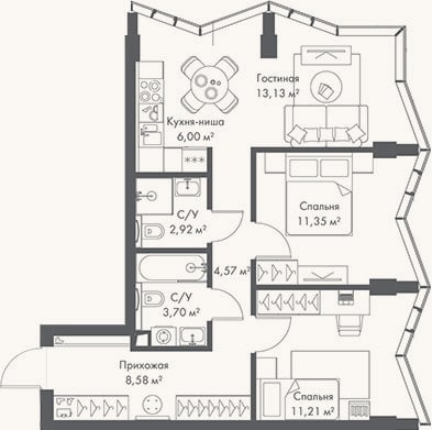 Планировка: 3-к, 61,5 м²