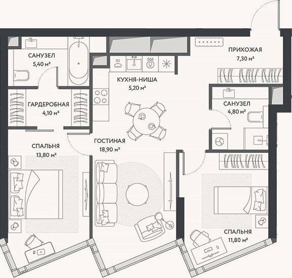 Планировка: 3-к, 71,3 м²