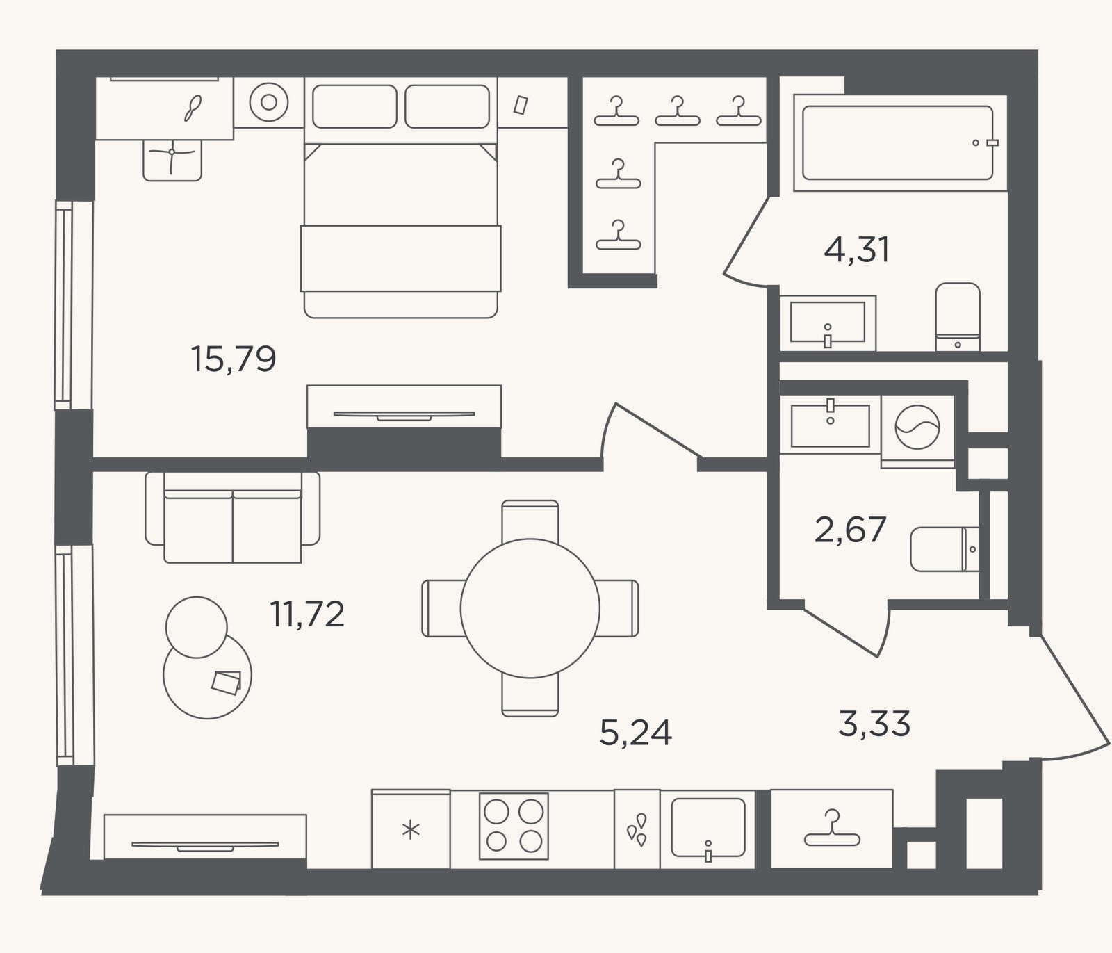 Планировка: 2-к, 43,1 м²