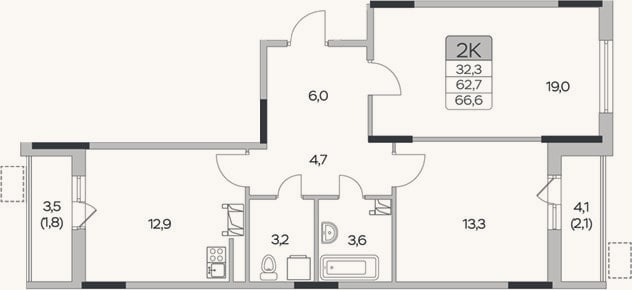 Планировка: 2-к, 62,7 м²