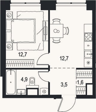 Планировка: 1-к, 35,4 м²
