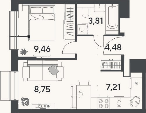Планировка: 2-к, 33,7 м²