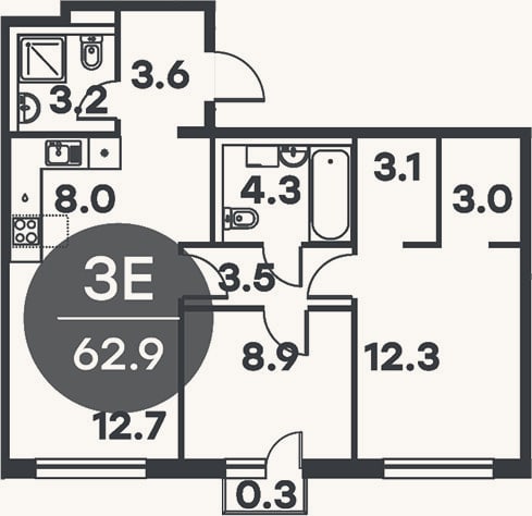 Планировка: 3-к, 62,6 м²