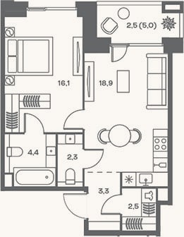 Планировка: 2-к, 47,5 м²