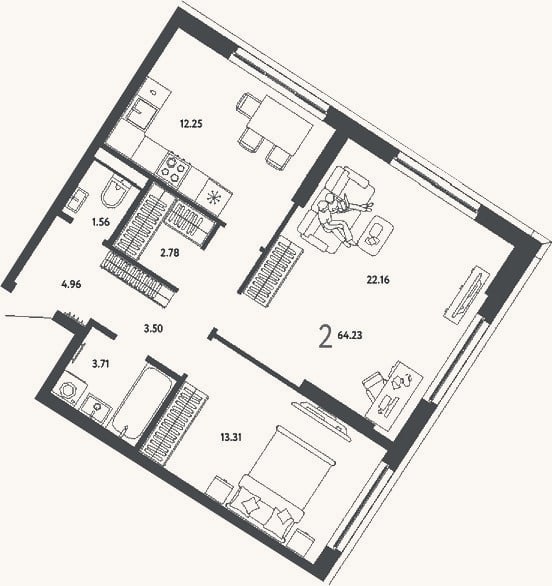 Планировка: 2-к, 64,2 м²