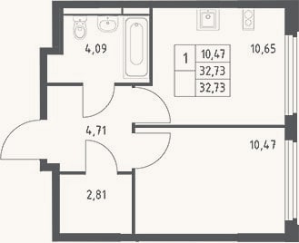 Планировка: 1-к, 32,7 м²
