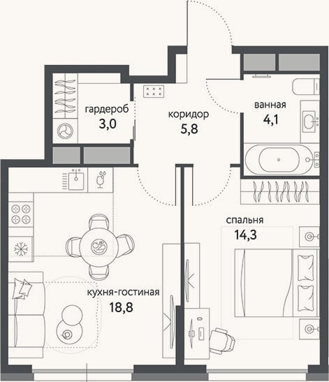 Планировка: 2-к, 46 м²