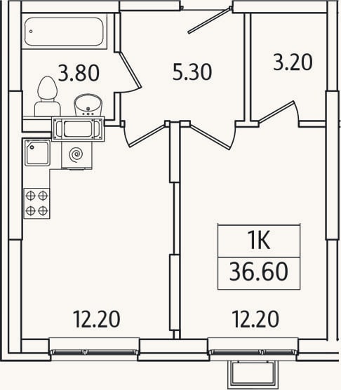 Планировка: 1-к, 36,6 м²