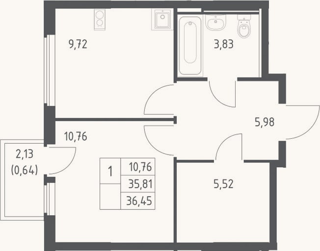Планировка: 1-к, 35,8 м²