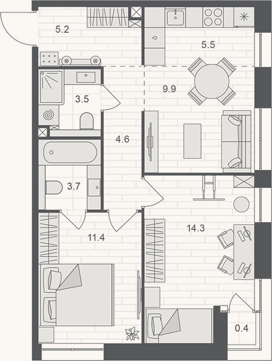 Планировка: 3-к, 58,1 м²