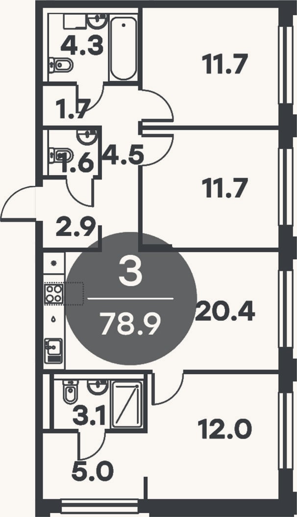Планировка: 3-к, 78,9 м²