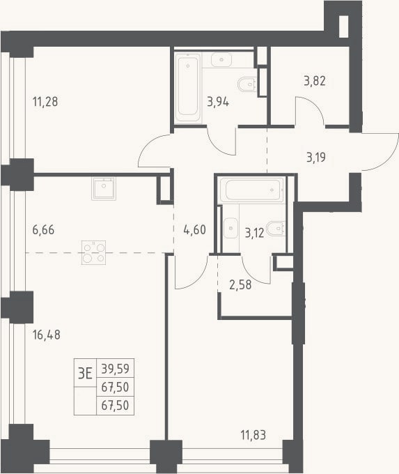 Планировка: 3-к, 67,5 м²