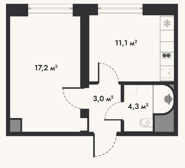 Планировка: 1-к, 35,6 м²