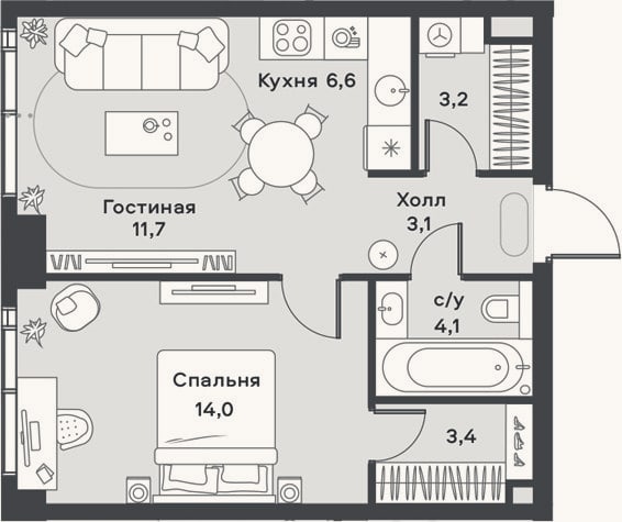 Планировка: 2-к, 46,1 м²