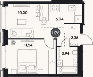 Планировка: 2-к, 34,1 м²