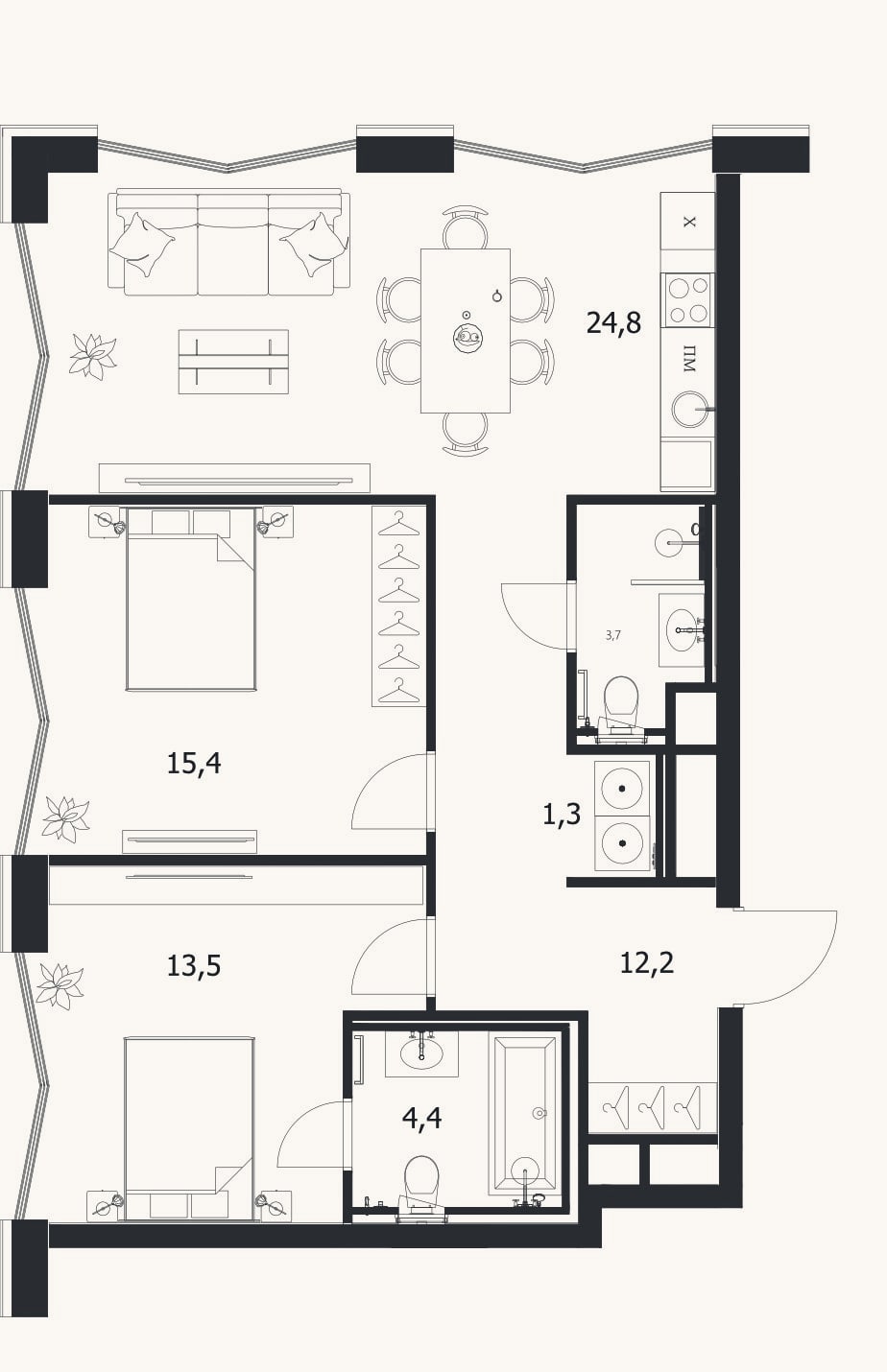 Планировка: 3-к, 74,9 м²
