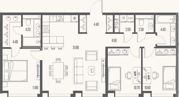 Планировка: 3-к, 91,7 м²