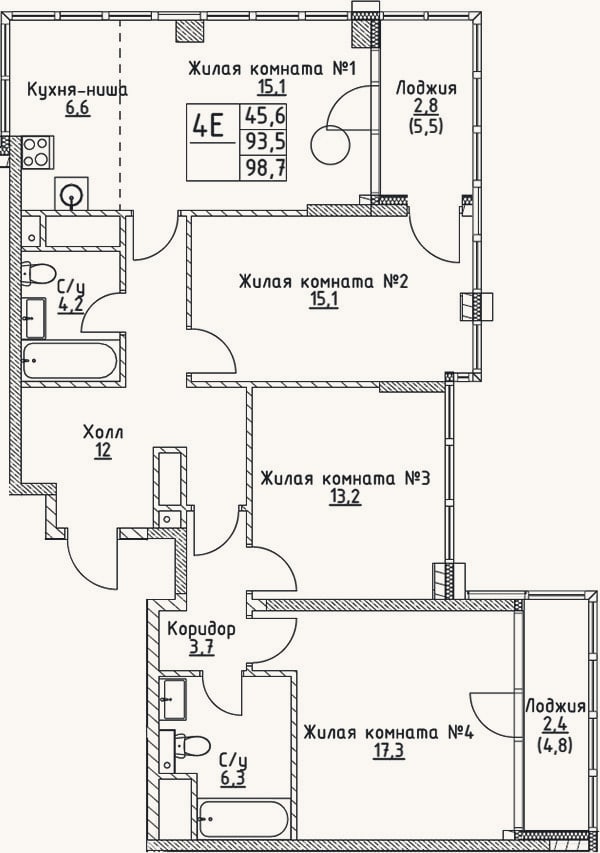 Планировка: 4+ к, 93,5 м²