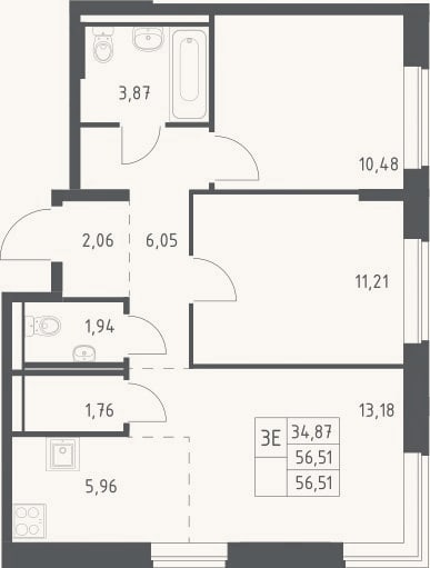 Планировка: 3-к, 56,5 м²