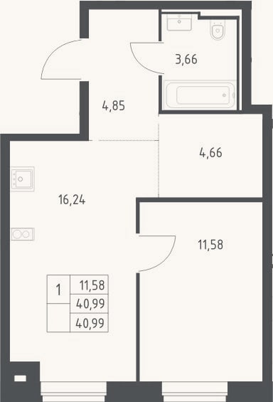 Планировка: 2-к, 41 м²