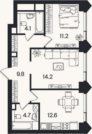 Планировка: 2-к, 56,6 м²