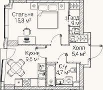 Планировка: 1-к, 36,6 м²