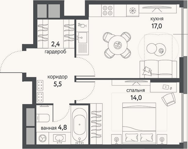 Планировка: 1-к, 43,7 м²