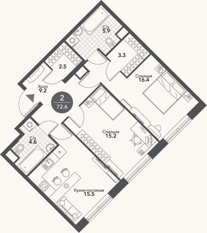 Планировка: 3-к, 72,6 м²
