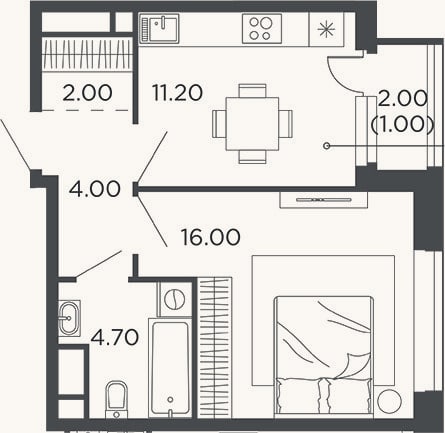 Планировка: 1-к, 37,9 м²