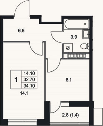 Планировка: 1-к, 32,7 м²