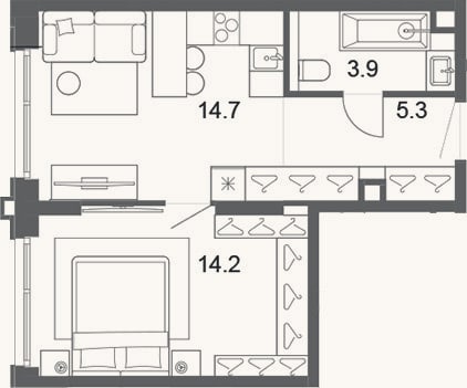 Планировка: 2-к, 38,1 м²
